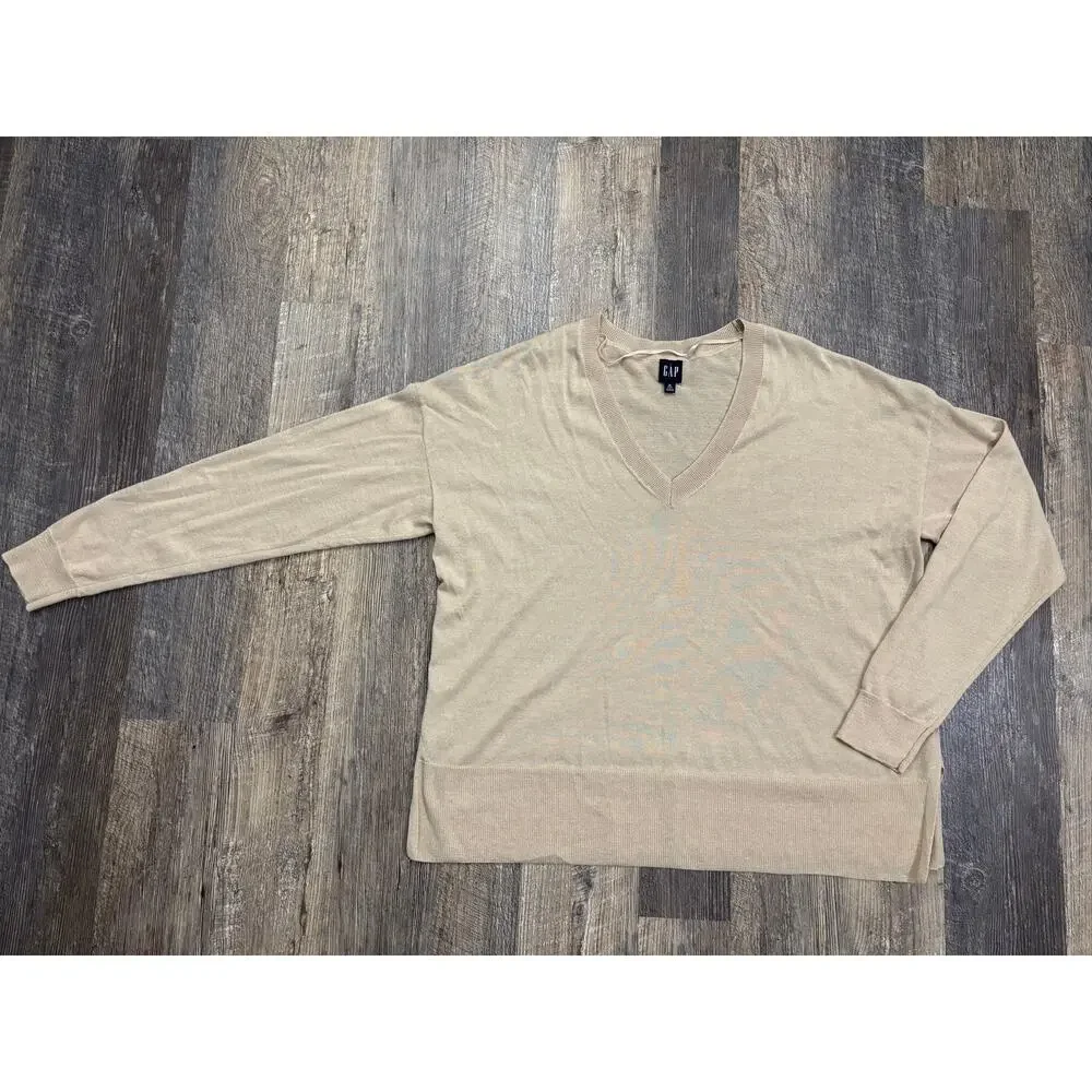 Gap‎ Mens XL Tall Beige V-Neck Sweater Linen Blend Long Sleeve Knit Pullover